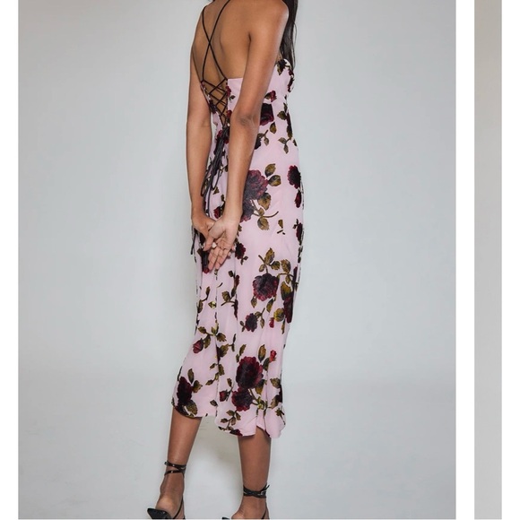 Rare London Pink Rose Devore Lace-Up Midi Dress Formal Wedding Prom Party Sz 2 - Picture 4 of 11